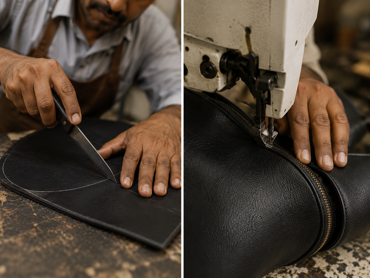 A split-screen close-up showing leather crafting in use: on the left, a person uses a knife to cut a black leather piece on a workbench; on the right, the same leather item is being sewn with a white sewing machine.